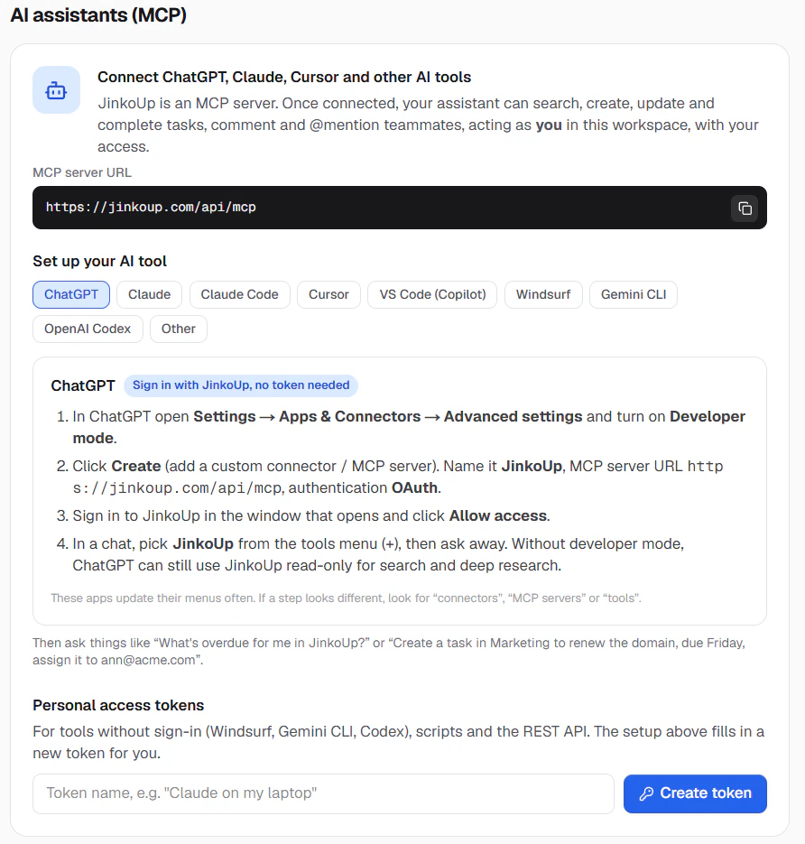 ChatGPT setup steps in JinkoUp settings