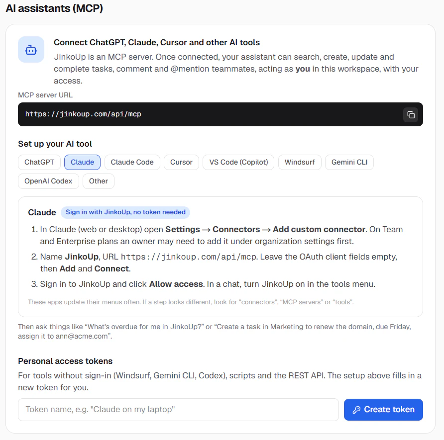Claude setup steps in JinkoUp settings