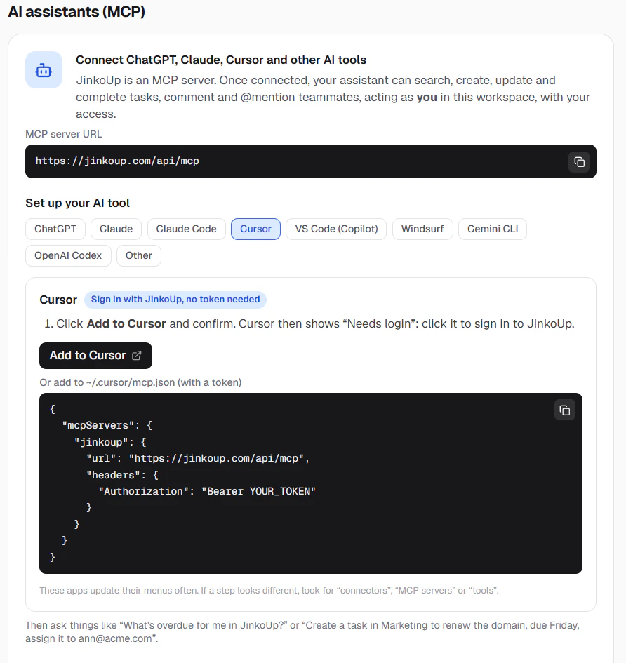 Cursor setup in JinkoUp settings with the Add to Cursor button