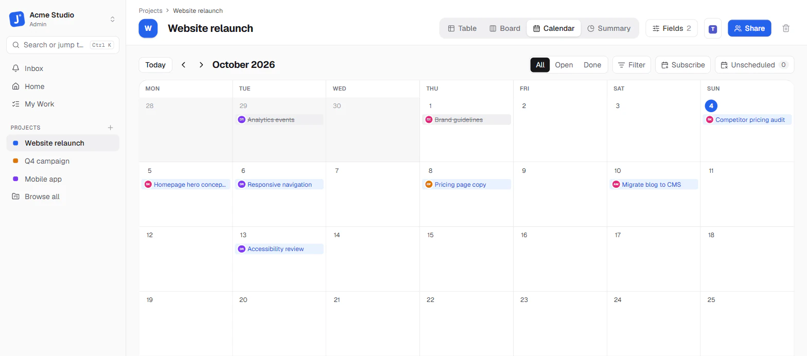Calendar view showing tasks on their due dates