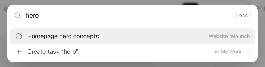 The command palette searching for a task