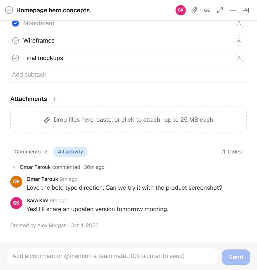 Comments at the bottom of the task panel