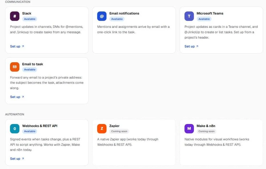 Apps & integrations page showing communication, automation and calendar connectors
