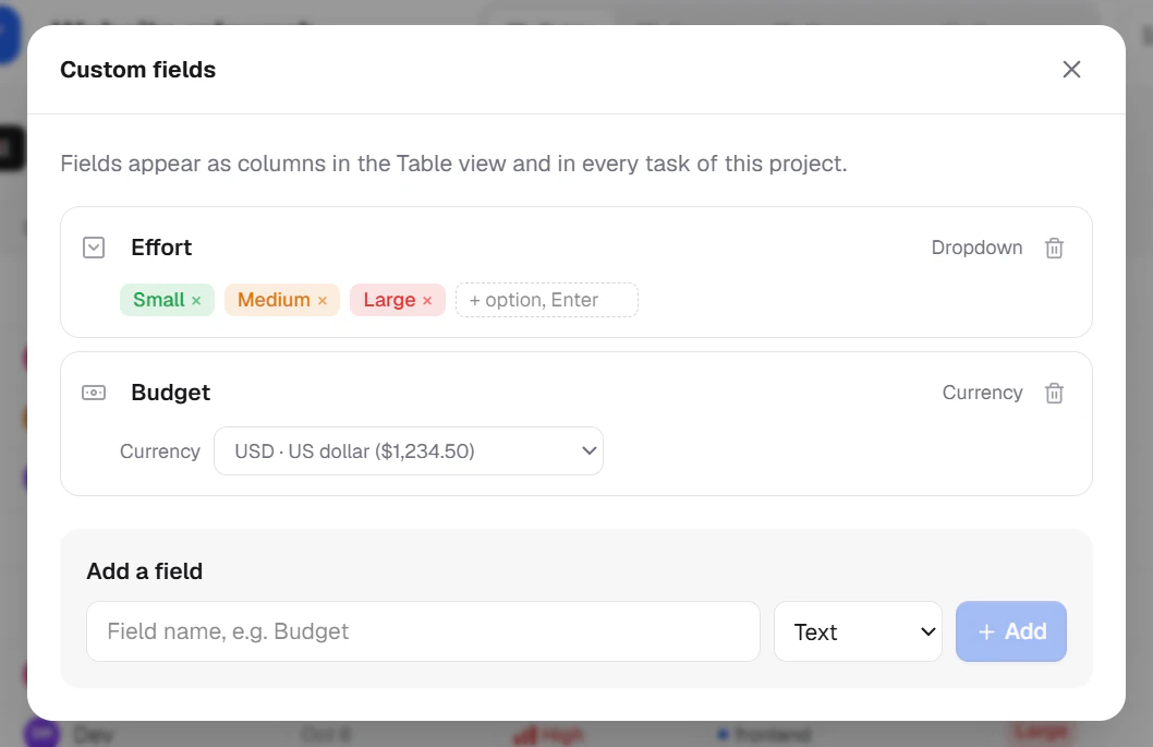 The Custom fields dialog