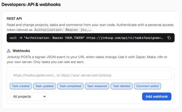 Webhooks settings
