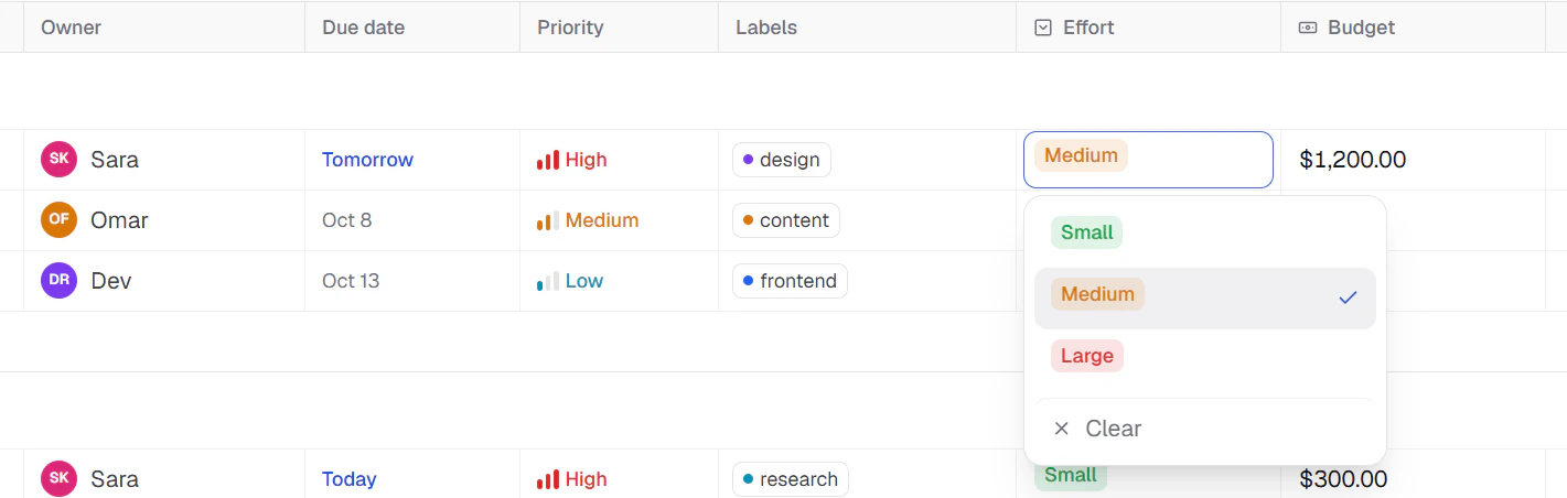 A dropdown field showing colored options