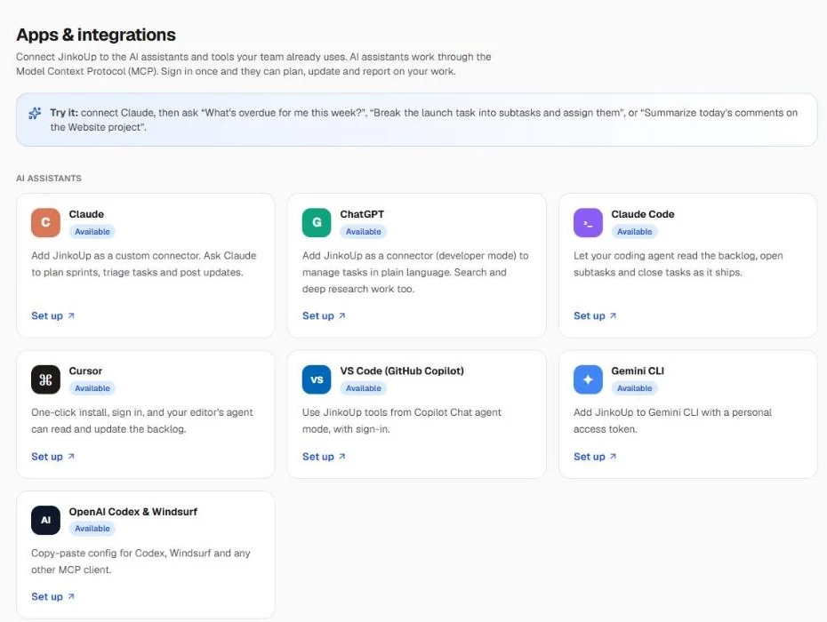 Apps & integrations page with AI assistant connectors