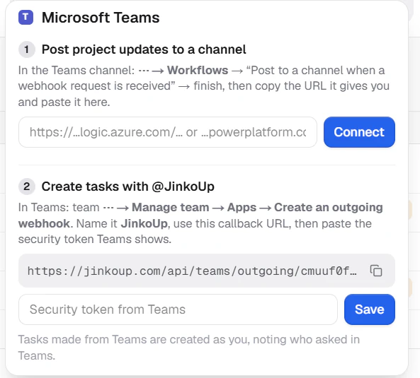 The Microsoft Teams panel in a project